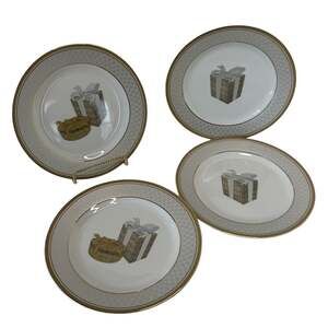 Vintage Lillian Vernon Christmas/Birthday Platinum Gold Rim 8” Plates Set of 4